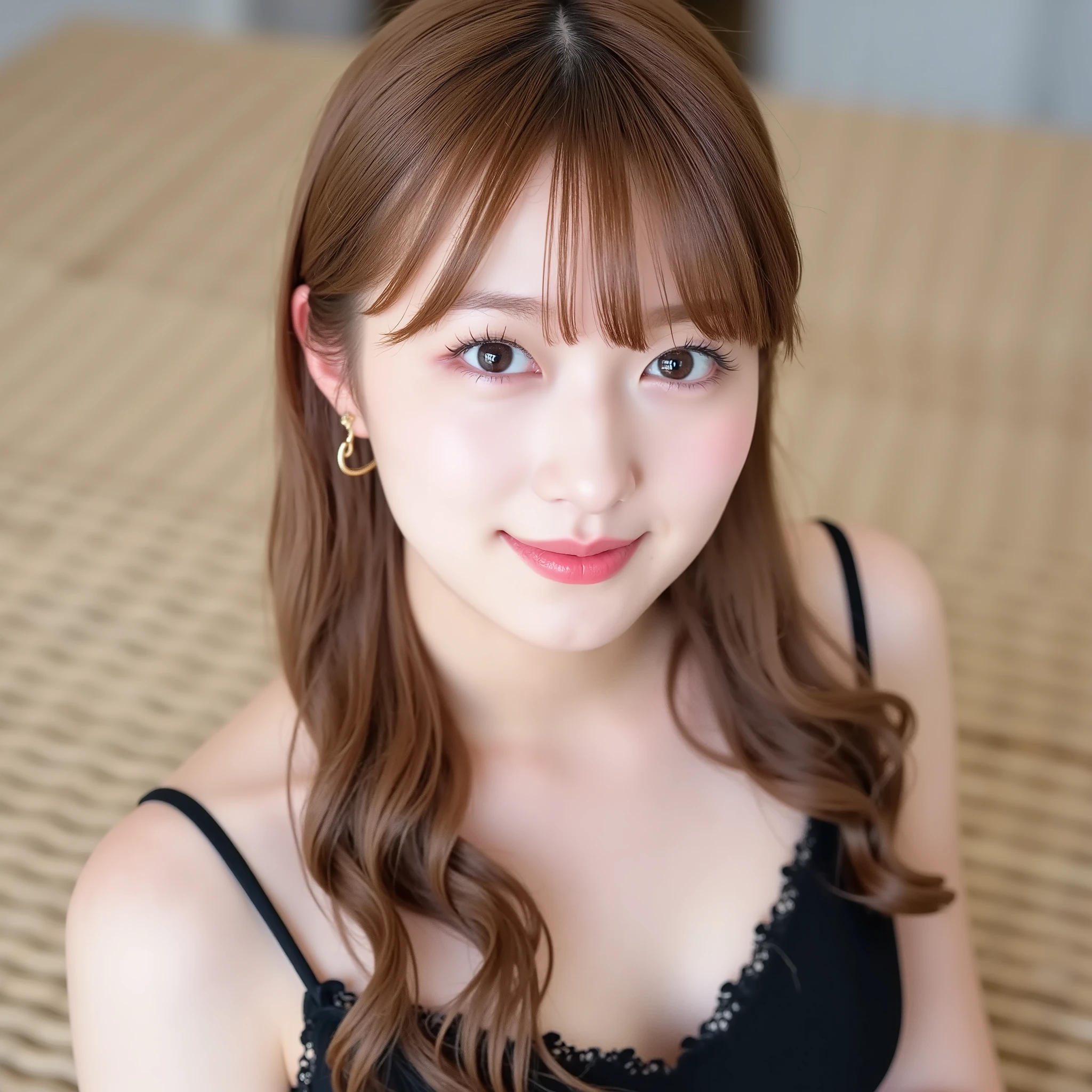 8k, masterpiece, best quality, beautiful Korean women, close-up, high-angle viewpoint, long brown wavy hair with bangs, Fair skin, light brown eyes, smiles, wearing a dark lace camisole, Sitting on a textured beige surface, camera in the tongue train, soft, natural light.