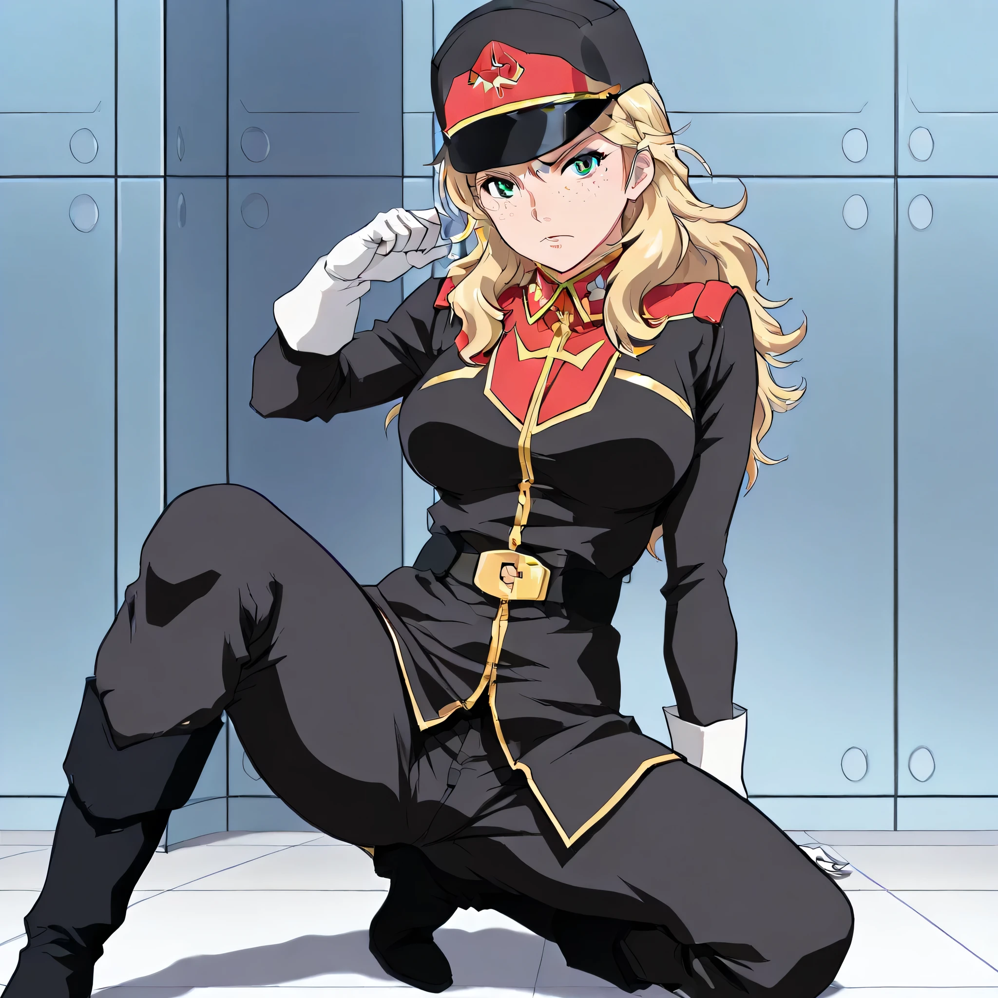 ultra-High resolution, score_9,score_8_up,score_7_up,score_6_up,score_5_up,score_4_up, BREAK, source_anime, anime screencap, uncensored, rating_explicit, Masterpiece, curvy, dark persona, looking at viewer, Fighting Stance, (((solo, 1girl))), hair ornament, (((zabiarov, military uniform, white gloves, black pants, boots, black uniform))), ZetaGBTT, seductive pose, submissive pose, large breast, kay nimrod, freckles, green eyes, blonde hair, long hair, cap,