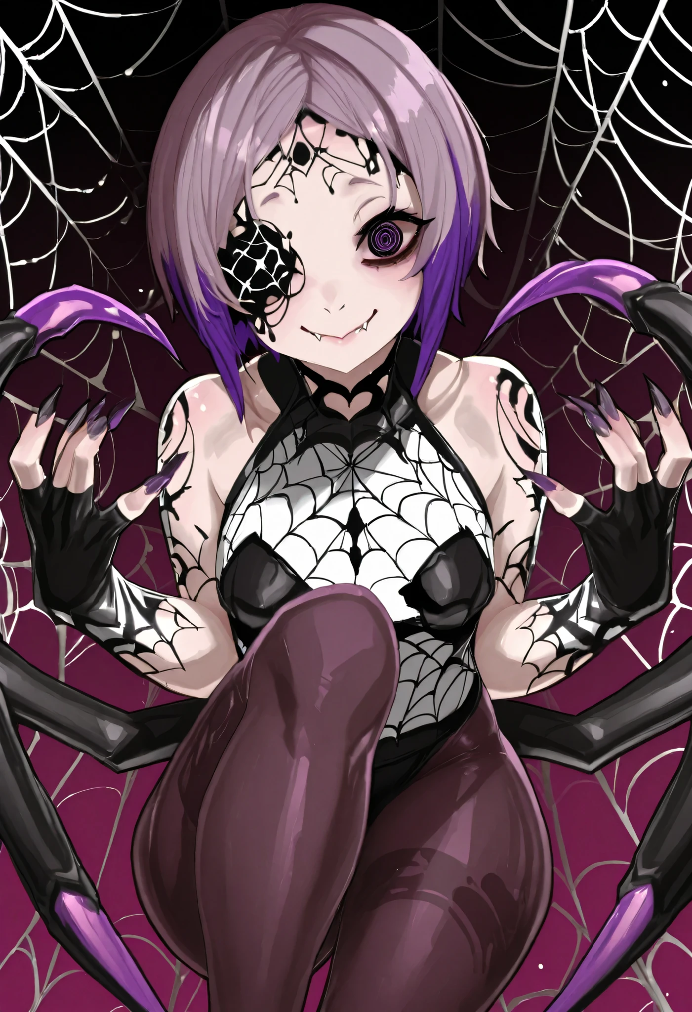 (Girl fused with a spider). Succubus-style. Leg of an insect. spider motif. spider web pattern. Black and purple hair. Two-tone hair. Shoulder. Short hair. High legs. Body tights. Sharp claws. Spider eyes on the forehead. Spider web tattoo around the eye. Black paint hands. Yandere Smile.