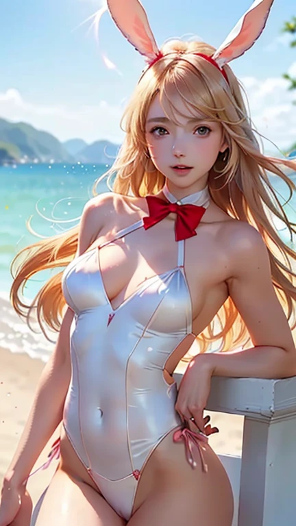 masterpiece, best quality, extremely detailed CG unity 8k wallpaper,((Upper Body)) ,((Upper Body head close-up shot of a beautiful girl)), , Elegant Long straight blonde hair, (Mckenna Grace), ((gigantic breasts,thighs,Autoluminescence skin)), (orange) golden (Glittering tutu,long Bunny Ear Headgear, , Bow-tie, No panties, genitals visible), ((spread legs)),(), (Blush), , (seductive smile), (A world of ice and snow), pretty face, key art, award winning, intricate detail realism hdr, by (ruan jia and artgerm and range murata), Photorealism, Hyperrealism, ultra realistic, dramatic light, intense shadows, gorgeous view, depth of field