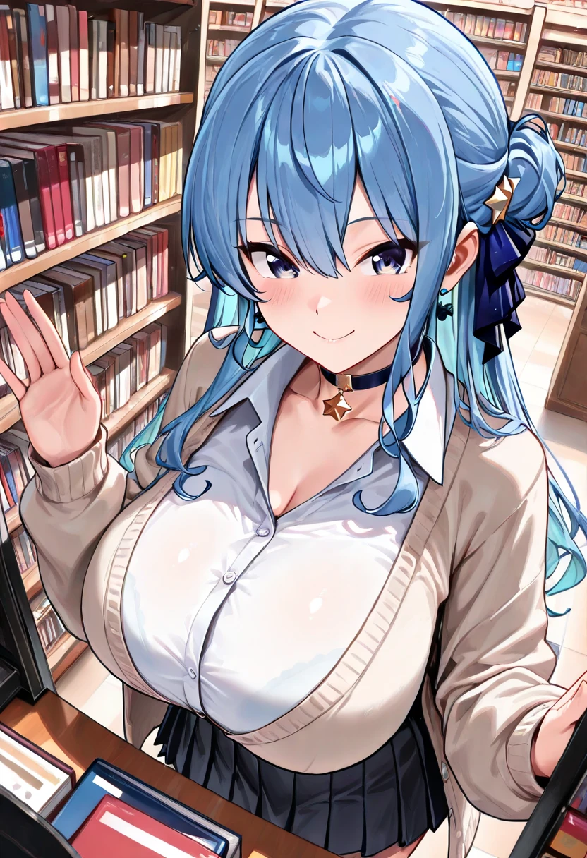 Anime illustration、highest quality、Plump 、Summer clothes、library、overwhelmingly big breasts、very thick thighs、Beautiful, shining eyes、Cowboy Shot、smile、Noise Reduction