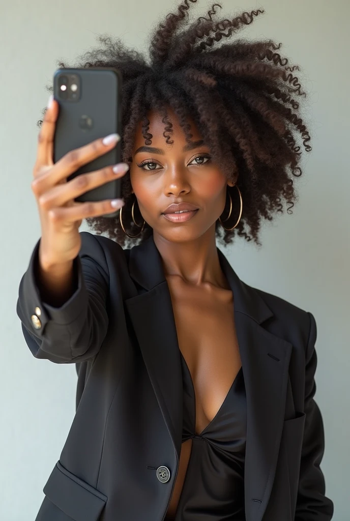Sexy light brown skin girl sexy sensual short outfit, dark makeup, short coily hair, hiper natural hiper real selfie in the  mirror