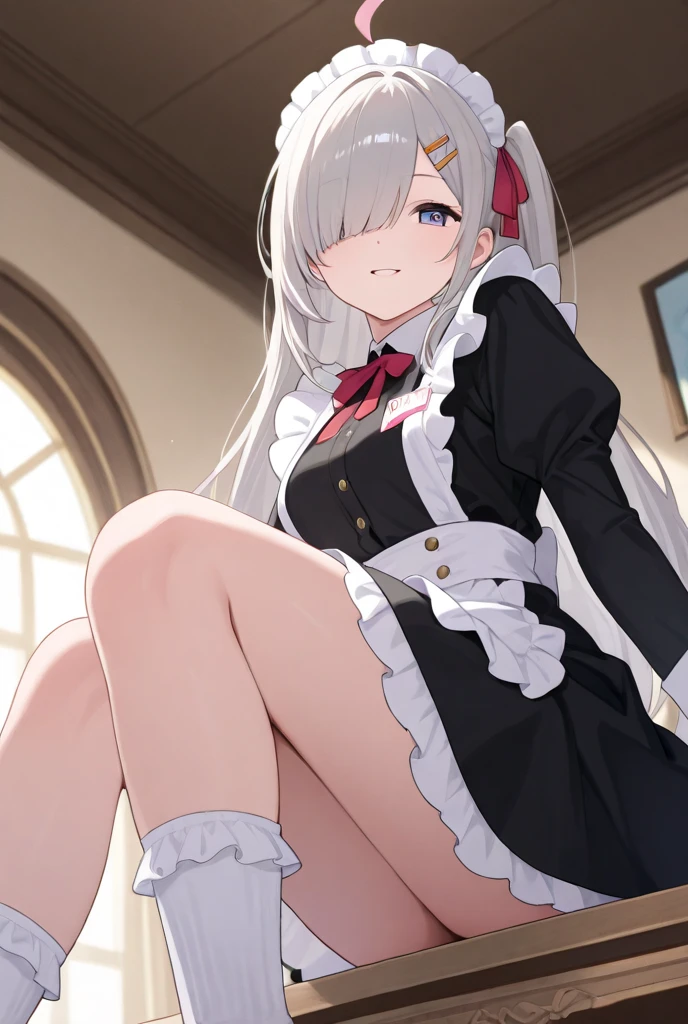 A white-haired, red-eyed woman in a maid outfit who is looked down upon and can see her panties.