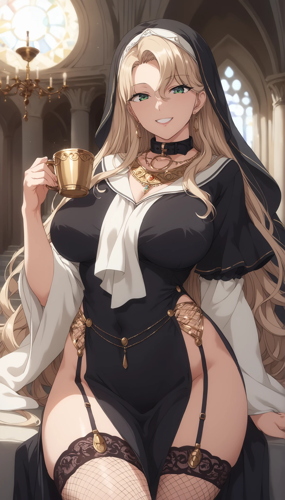 score_9, score_8, score_7, score_6, source _ anime, 1 Mature_, female, alone, smile, Gold, Very long, detailed eyes,expecting bright green eyes , túnica de alone color negro, tica sleeve and collar , first , Gold cup , thigh neckline , long neckline , black cloth veil , white scarf around the neck , Longstall , black fishnet stockings , Big Shirt , marble temple hall background, cuerpo percto , erotic anatomy , anatomía percta , piernas perctas , Postura percta , ambient light .