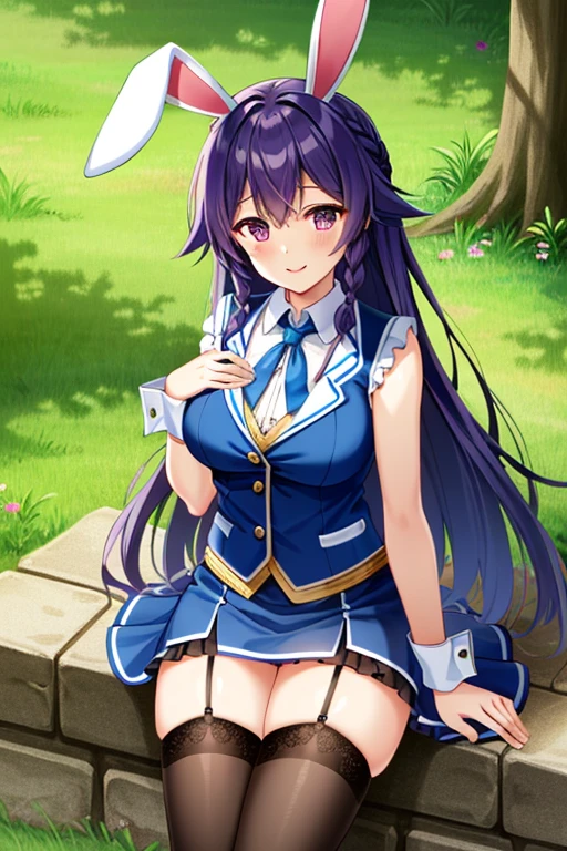 masterpiece, best quality, sprLucy, fake rabbit ears, collarbone, leotard, puffy sleeves, gloves, frills, big happy smile, white leggings, holding a giant Easter egg 