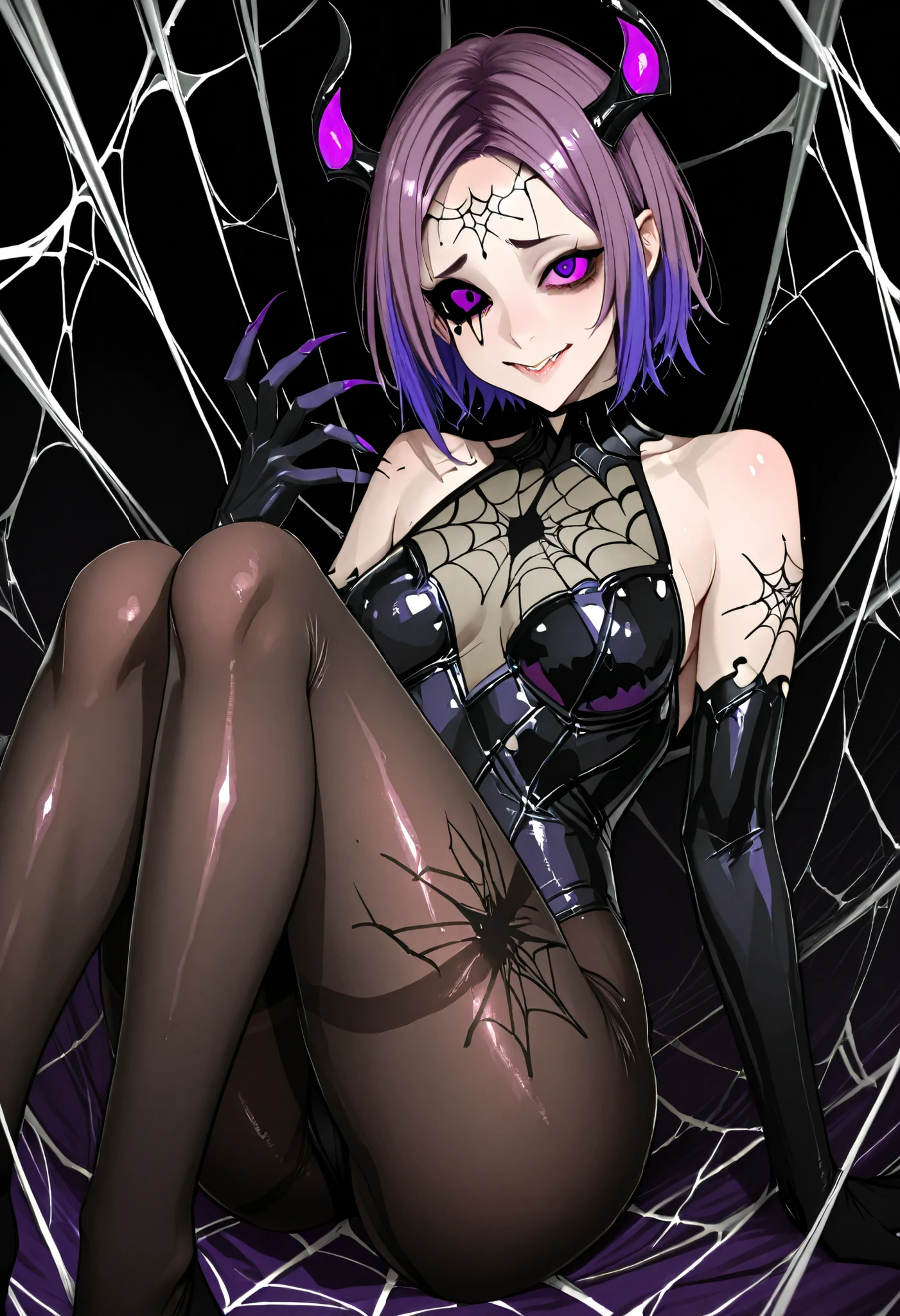 (Girl fused with a spider). Succubus-style. Leg of an insect. spider motif. spider web pattern. Black and purple hair. Two-tone hair. Shoulder. Short hair. High legs. Body tights. Sharp claws. Spider eyes on the forehead. Spider web tattoo around the eye. Black paint hands. Yandere Smile.