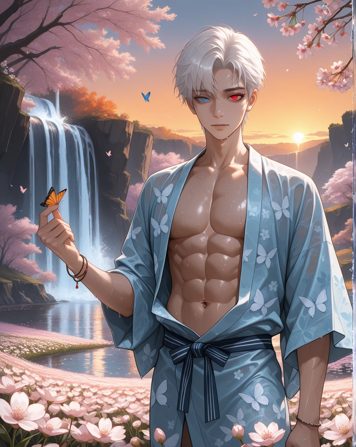1 male, Japanese male model, high resolution 4k, adult, handsome, perfect face detail, detailed eyes and face, muscular, white eyebrow hair, white eyelashes, Naked torso, Detailed face, perfect face, real skin texture, detail Perfect hand, details, Real and complete hand details, unreal engine, hd picture, satoru gojo, Jujutsu kaisen, white hair, short hair ,hair between eyes ,blue eyes, white skin, flower details, rice field background