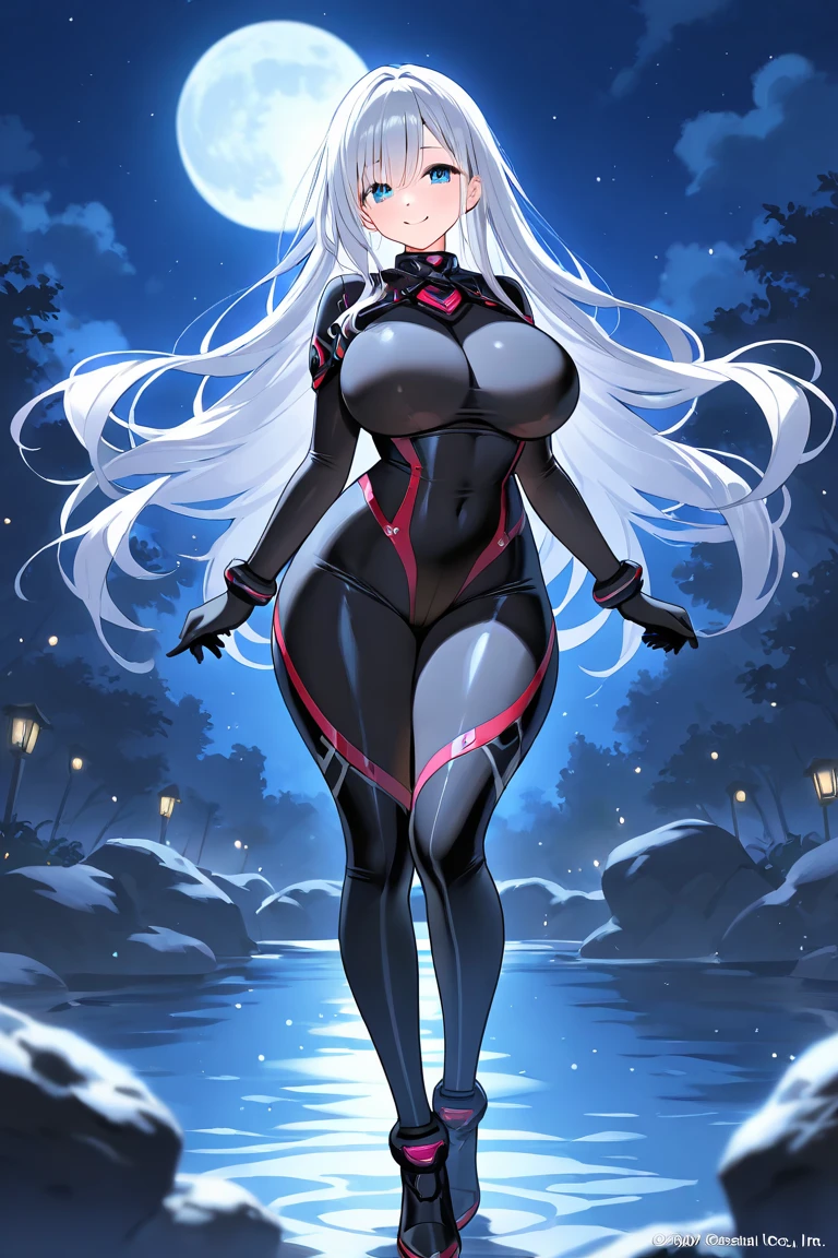1girl, white hair, long hair, red eyes, serious, glowing eyes, large breasts, thick thighs, mature female, athletic female, toned, one-piece swimsuit, competition swimsuit, long sleeves, sleeves, gloves, black one-piece swimsuit, wet