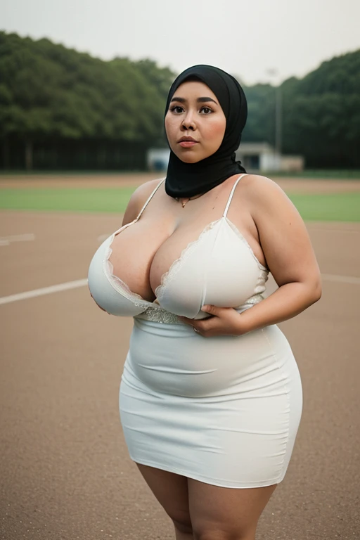 Hijab korean, mature, 50-Years-Old, big breasts, chubby, ((plump fat body)) fully reserved body, bending over body, hugging giants earthworm, over excited face, surprised face, wearing tight satin pink bra, gazing at viewer, ((super oily body)), hands folding back, sticking body, white gel spreading on chest, ((kneeling beside a thousands of earth worm at sparta stadium))