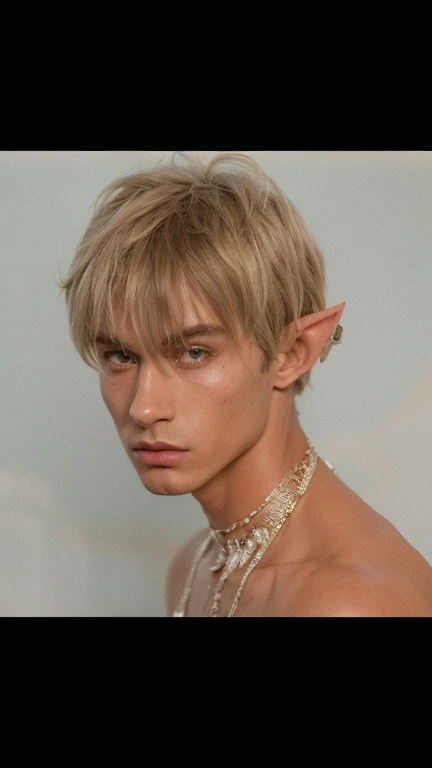Caucasian man, thin nose, thin lips, blue eyes, blonde hair, deer horn on his head, jock putfit, young handsome face, best quality,masterpiece,Ultra high detail,A handsome muscular man, deer horn on his head, topless, black micro thong, with black cloth, black transparent cloth on his deer horn, realistic,Grey background,