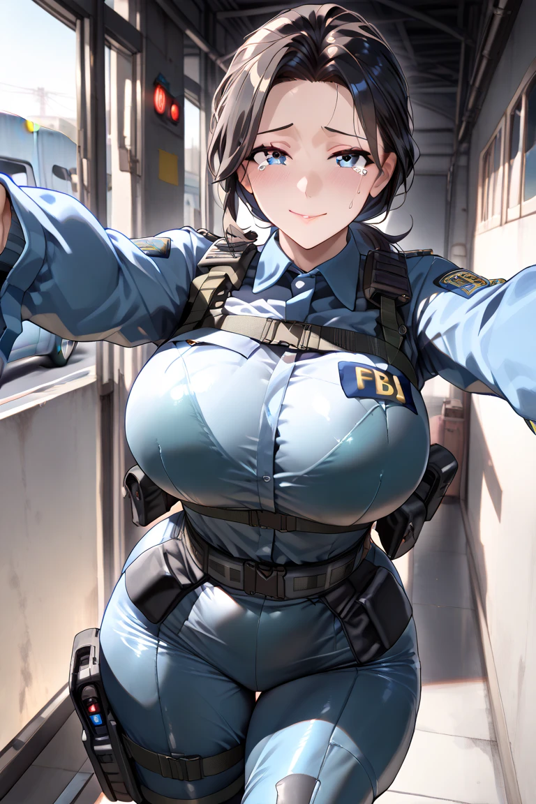 Masterpiece, high resolution, 1 girl, spiked hair, eyepatch, large Bangs, Large breast, police uniform, chunky body, furious glare, evil grins, clenshing her Fist, claw pose hand, dramatic light, soft shadow details, claw pose hand, large evil grin, 