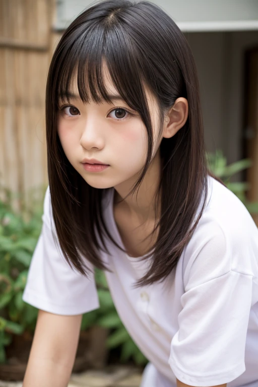 10 years old,Primary school students,Black Hair,bangs,Straight hair,Shoulder-length hair,Dark Eyes,Small face,Young Face,Clean your eyes,Small Mouth,thin,Young Face,Flat chested,Flat chested,Flat chested,Small breasts,Small breasts,Small breasts,Realistic photos,8k,Mouth slightly open,Ultra HD,whole body,Pure girl,Flower Garden,Lift your chin,Low - Angle,,Embarrassed face,