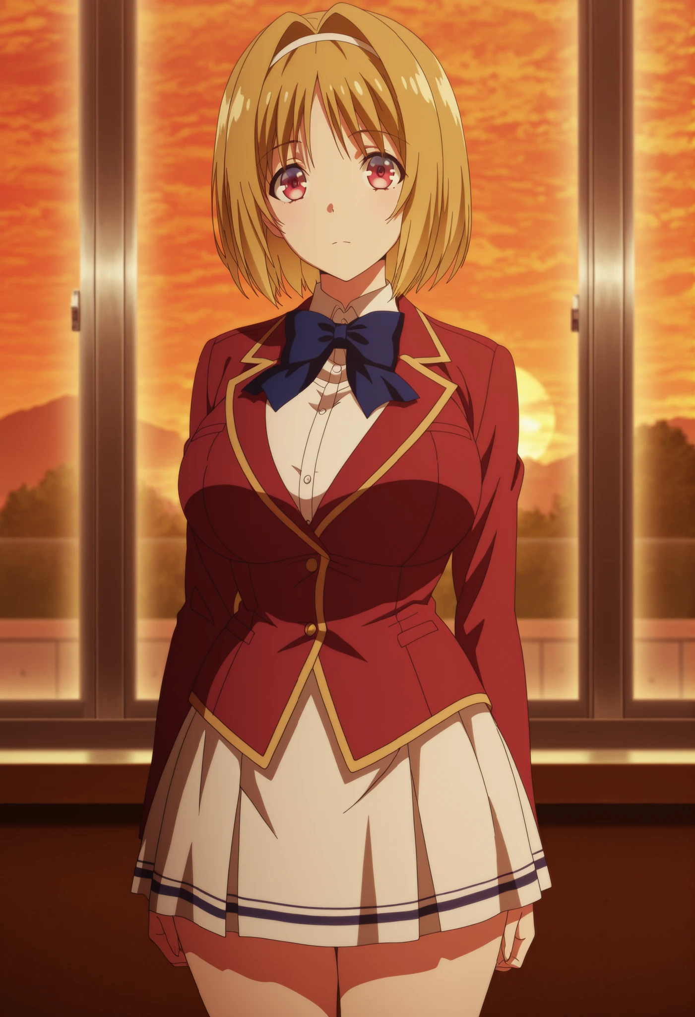 masterpiece, best quality, amazing quality,, kikyou kushida, short hair, blonde hair, red eyes, hairband, hair intakes, mature female, breasts, anime screencap, shirt, long sleeves, bow, school uniform, jacket, white shirt, bowtie, blue bow, blazer, red blazer,, white skirt,,big breasts,, school, sunset, standing peaceful, cowboy shot, solo, looking at viewer, solo , soft thighs