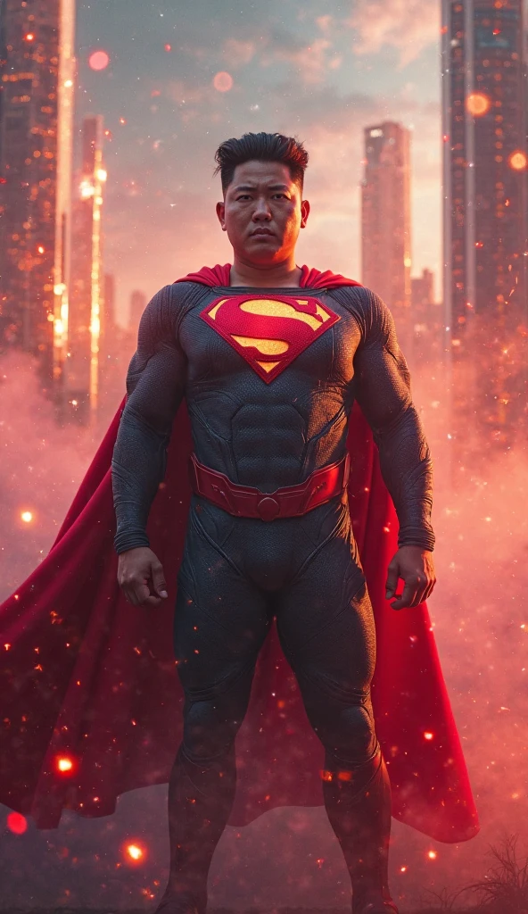 a 70 years old malay man in superman costume outfit standing in front of a bustling crowded night club holding a a big lolipop, night, serious face, nighttime, in superman movie style, hyper - realistic photography, dramatic effect, smoke effect in background, dark color grading, full body, 8k, close - up shot, extreme close - up photo