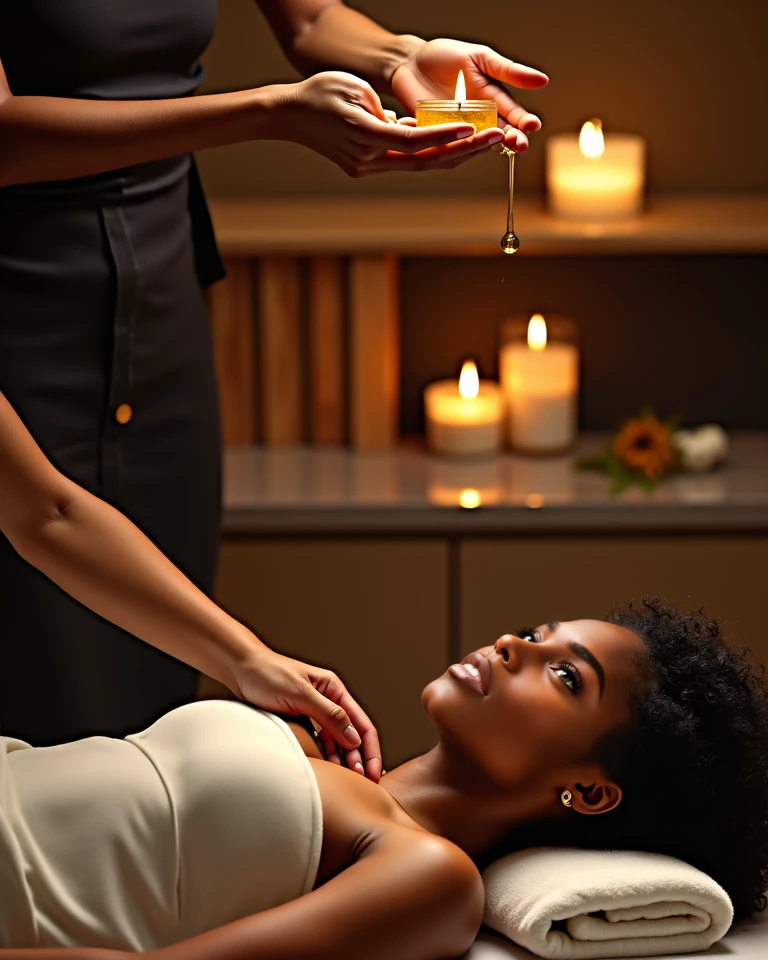 an aromatic massage candle with a drop falling on the back of a black woman, close up, album cover, ultra quality, masterpiece, candles