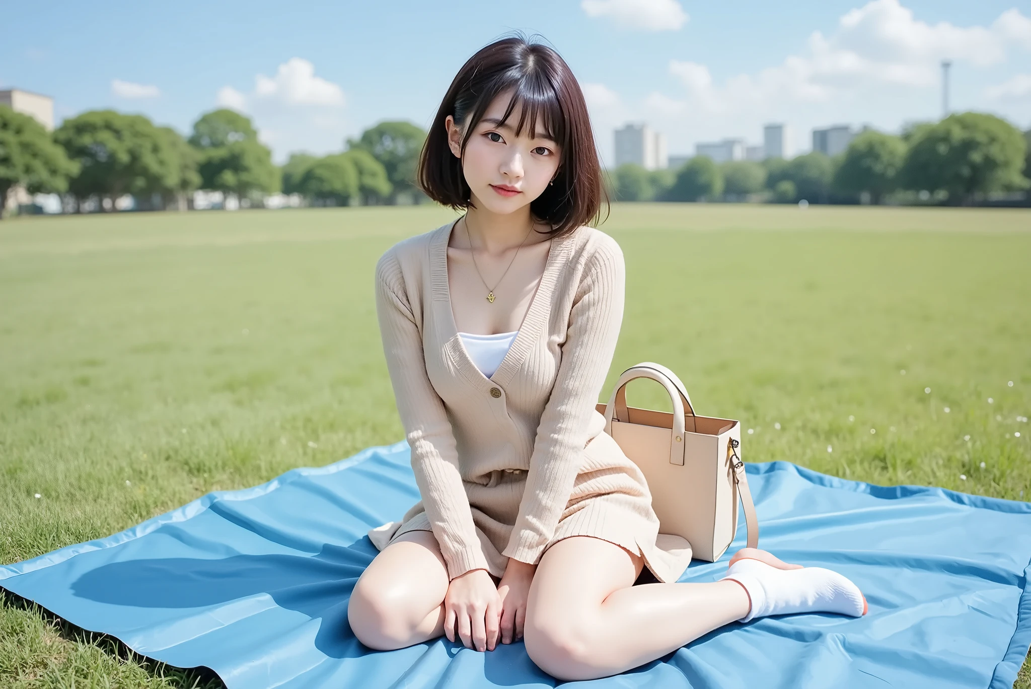 Large grassy park:(1.3), sky blue large picnic sheet:(1.35), Draw the whole body:(1.3), Japanese woman:(1.4), sitting on picnic sheet:(1.2), seiza:(1.45), seiza:(1.45), beige miniskirt:(1.45), Beige thin sweater:(1.3), full body shot:(1.45), Draw to the toes:(1.3), bob cut:(1.2), beautiful black hair:(1.3), Clear Dark Eyes:(1.3), light in the eye, White short socks:(1.3), slim body , cute smile like an idol:(1.35), Her face is drawn precisely :(1.4), fingers accurately drawn:(1.4), Beautiful big breasts:(1.35), RAW photos (1.3), masterpiece:(1.2), best quality:(1.3), 16k:(1.4), Ultra HD:(1.35), reality:(1.5), fine eyes and face :(1.3), professional photography techniques, Detailed hand:(1.2), beautiful hair fluttering in the wind:(1.2), simple necklace:(1.1), earrings:(1.1), simple bracelet on right wrist:(1.1), Large beige bag:(1.1), eating on a picnic sheet