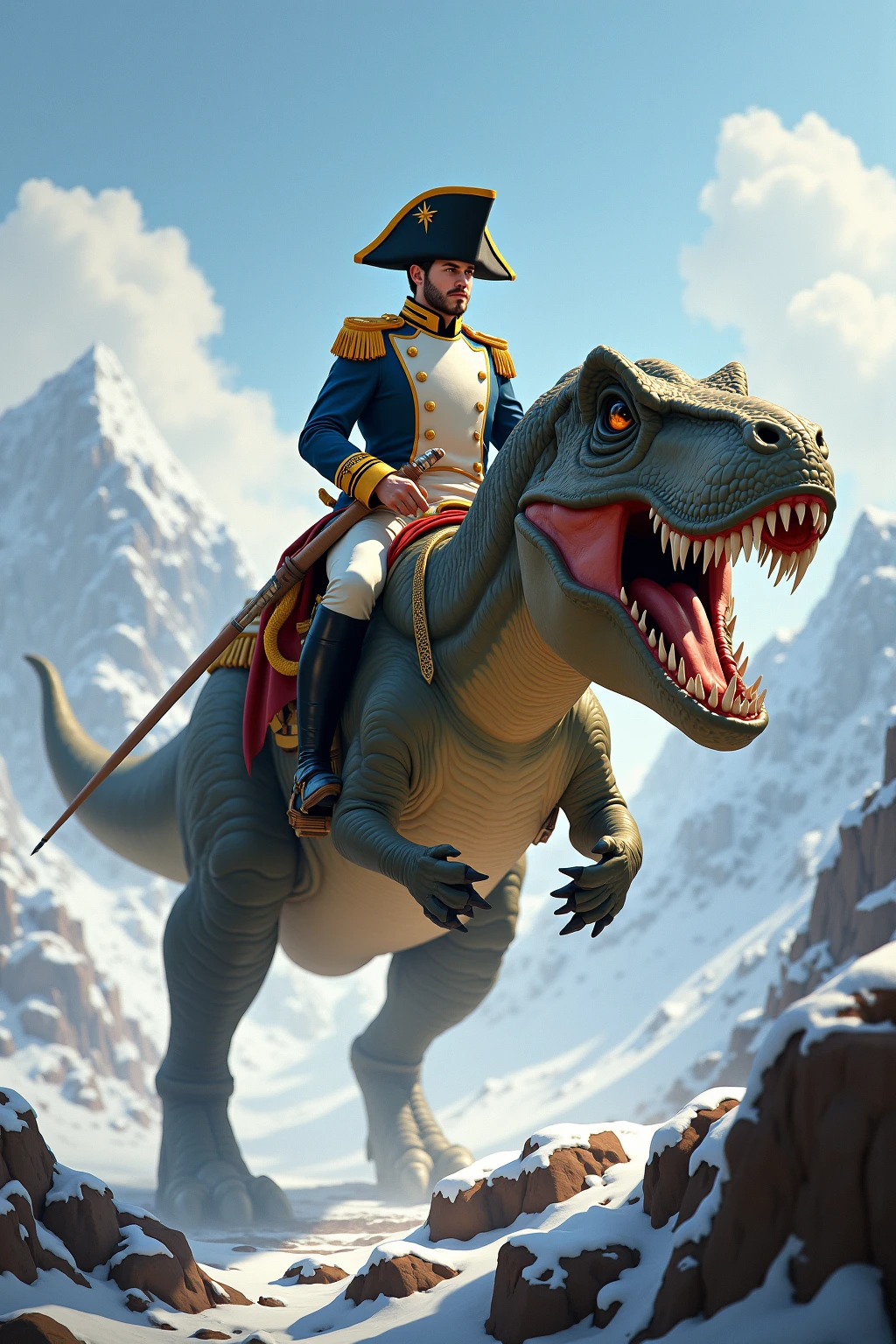 Alligator riding a horse on top of a mountain