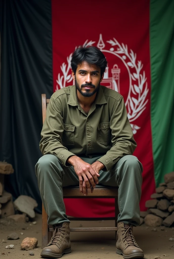 Make me a picture of a handsome 18-year-old sitting on a nice chair with an Afghan state flag written on the back wall. (Azizullah Muddathar) wrote to
