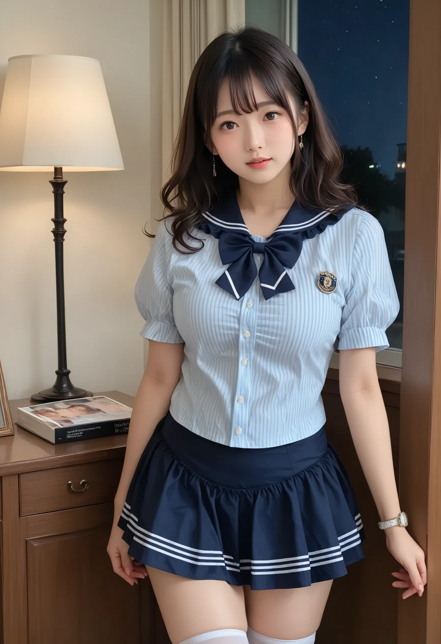 (((RAW photo))), (((photo real))), (((32K))), high resolution images, masterpiece, 最High Quality, High Quality, 非常に detailsな, details, 鋭い details, sharp concentration in nude clothes, Professional Lighting, 1 cute Japanese woman, solo, short wavy hair, pale skin, Little Sana Head, small face, 美しい detailsな顔, (naked, full frontal:1.2), Big Breasts, Front View, Watch Viewers, perfect hand in h, Complete Anatomy, ((night)), ((room at night)), ((Sexy Standing Poses:1.3)),layered skirt, short skirt, striped shirt, frilled sailor collar, bowtie, badge, thighhighs,
