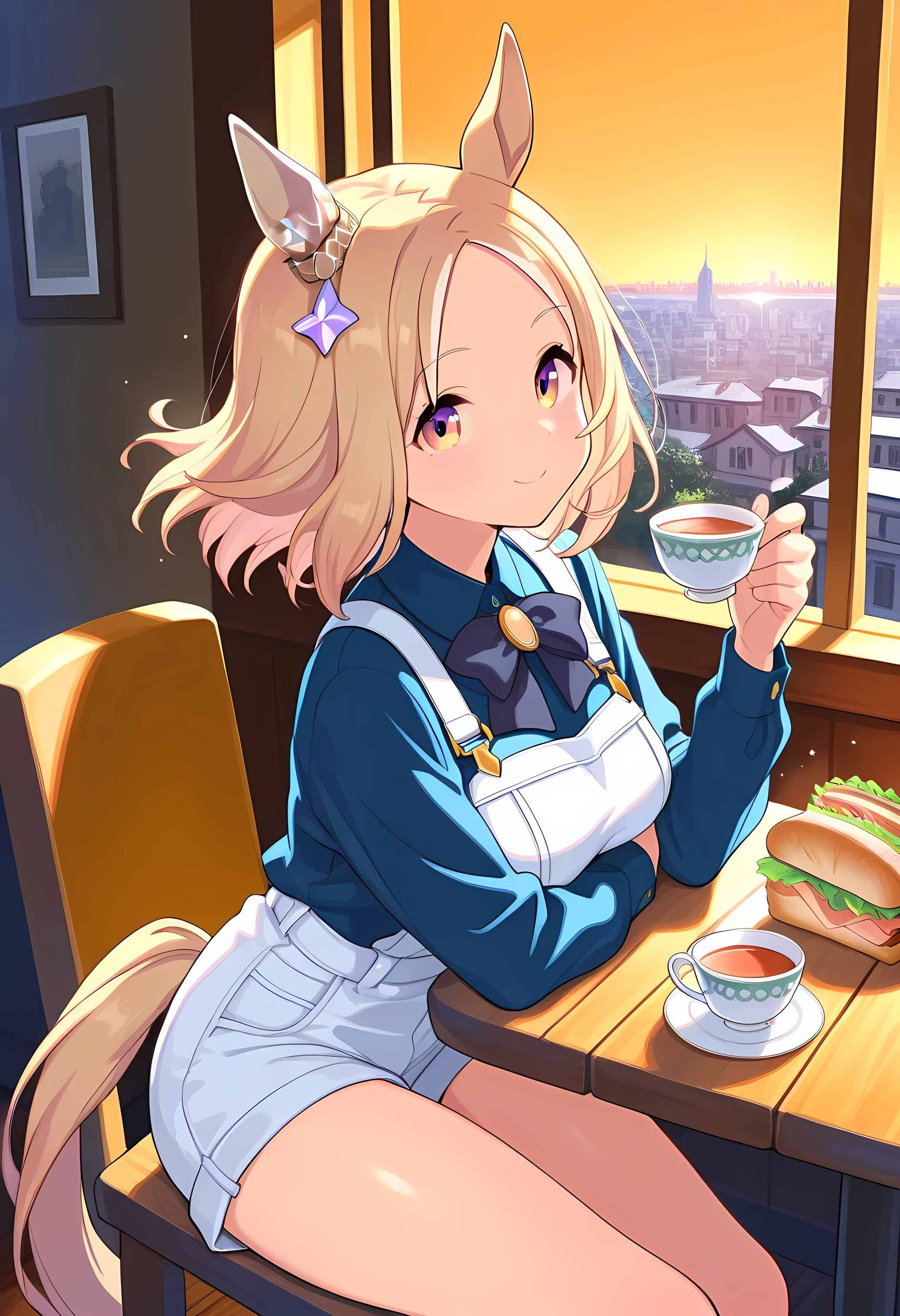 narita top road \(umamusume\)(((masterpiece))),(((detailed)))((best quality)),((hyper detailed)),(beautiful),((shinythighs)),(((shiny skin))),(high quality skin),((8k)),((high resolution)),smile,light blush,close mouth,floating hair,sitting on wooden chair in cafe,holding tea
cup,sandwich on wooden table,navy blue color shirt bow,white color overall short shorts,cityscape,architecture,natural lighting, sunbeams, evening light, direct light, light sparkles, golden light,orange sky,evening,from front,eye level shot,cow boy shot,cowboy shot,looking at viewer