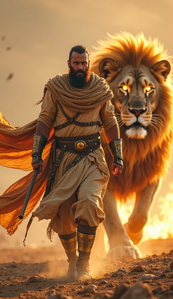 A formidable warrior, draped in flowing desert robes and adorned with golden armor, strides forward with fierce determination. His scarf billows in the wind as embers swirl around him. Behind him, a massive lion with a golden mane walks in perfect sync, its glowing eyes radiating primal power. The battlefield is covered in dust and flickering flames, the air thick with heat and tension. As the warrior moves, his presence is unshakable, and the lion’s heavy steps echo like a force of nature, a symbol of strength and destiny.