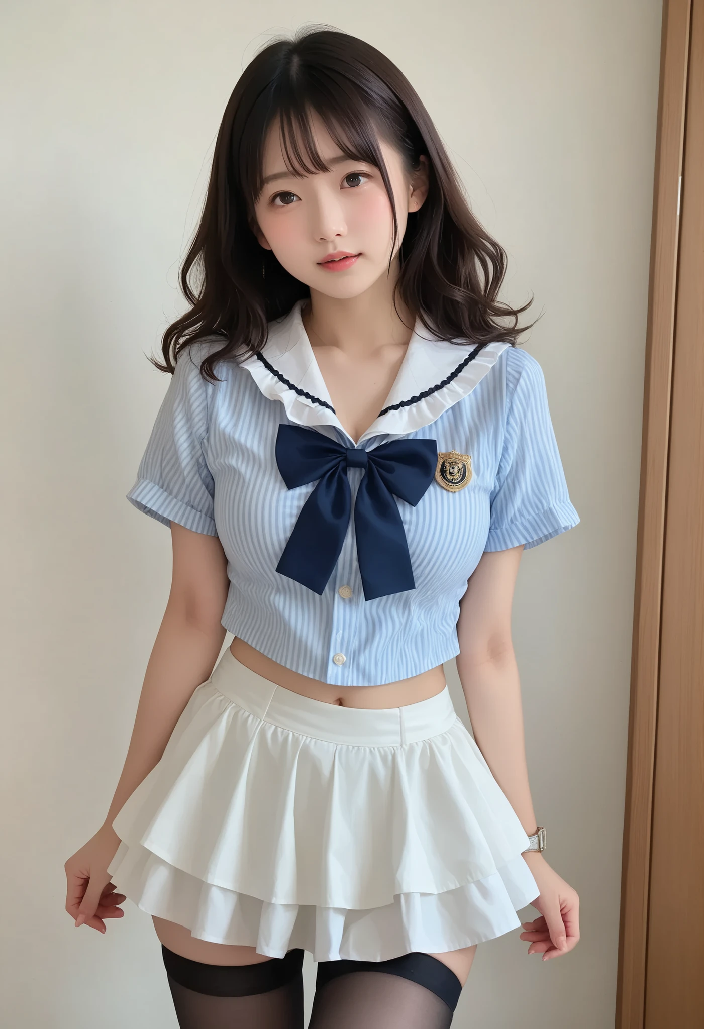 (((RAW photo))), (((photo real))), (((32K))), high resolution images, masterpiece, 最High Quality, High Quality, 非常に detailsな, details, 鋭い details, sharp concentration in nude clothes, Professional Lighting, 1 cute Japanese woman, solo, short wavy hair, pale skin, Little Sana Head, small face, 美しい detailsな顔, (naked, full frontal:1.2), Big Breasts, Front View, Watch Viewers, perfect hand in h, Complete Anatomy, ((night)), ((room at night)), ((Sexy Standing Poses:1.3)),layered skirt, short skirt, striped shirt, frilled sailor collar, bowtie, badge, thighhighs,