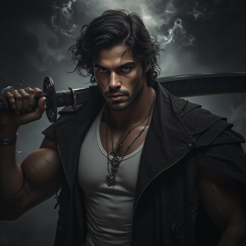 One guy,holding knives,dying,Wounds all over the body,Slash the last knife with all your strength,with a determined look in his eyes