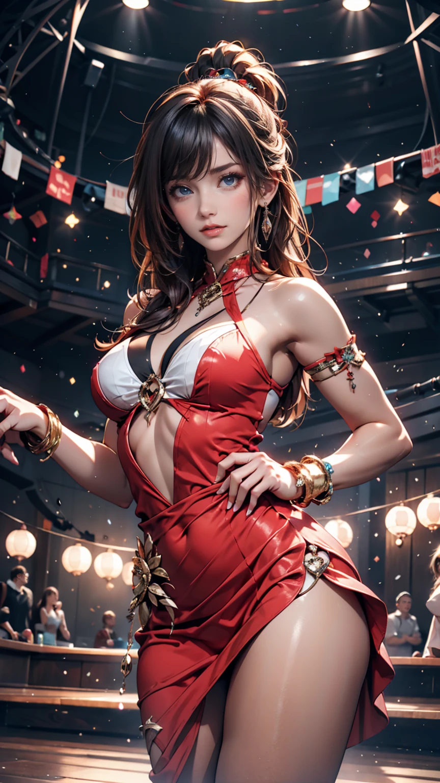 1girl, solo, best quality, masterpiece , Ruby Hoshino, hair ornament, sparking eyes, star on eye, (star on right eye:1), (dress:1.4), (concert1), on the stage,