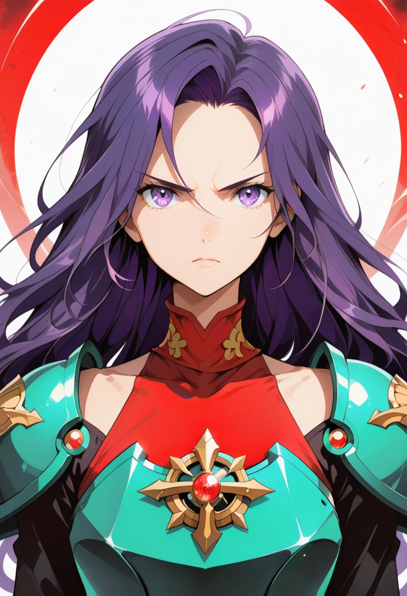 anime style, female character, (((red clothes))), (((blue hair))), hair loose in the front and tied back, purple choker around the neck, (((yellow eyes))), red armor, purple details on the armor, white shirt underneath the armor, purple pendant in the hair ((clip)), detailed, high quality, emotional effects, anime style.