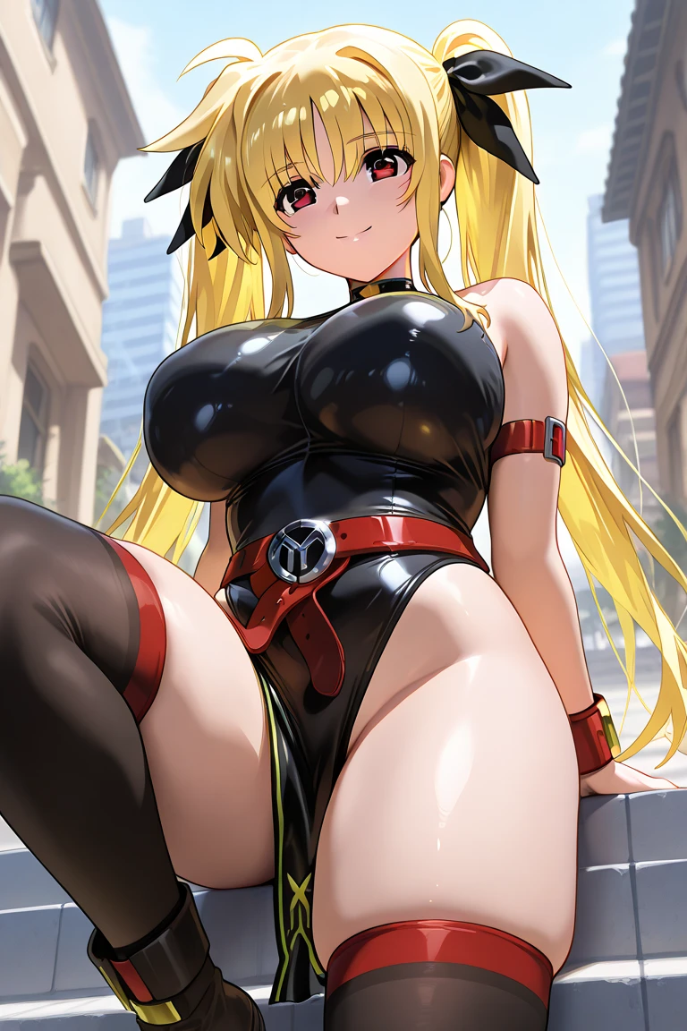 ((((masterpiece, best quality, high resolution)))), from above,illustration,1girl, looking at viewer, red eyes, light smile, (breast focus), (arms behind back:1.2), average breasts, (breasts out:1.2), midriff, collarbone, nighttime, sweat, (black Playboy bunny suit, highleg leotard, thighhighs, pantyhose, rabbit ears, high heels), night bar, night light, seductive expression, seductive eyes, suggestive looks,