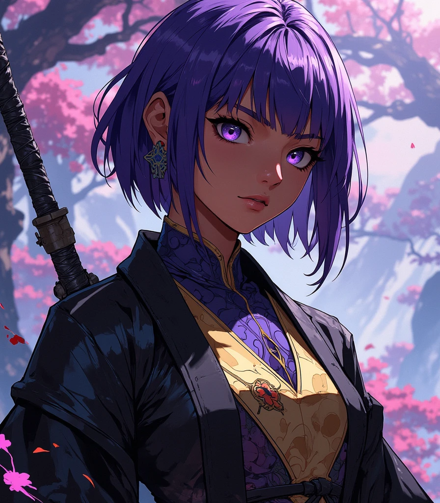 (masterpiece, best quality:1.4),(beautiful, perfect, delicate, detailed, intricate, aesthetic:1.2), detailed illustration, 1girl, <lora:Kizuki - Jigokuraku - Yuzuriha:0.8>, YUZURIHA_(JIGOKURAKU), purple hair, brown eyes, topknot, solo, cinematic shot, natural light, light particles, atmospheric, vivid colors, (perfect face, detailed face, eyeliner, glossy lips), ninja, open clothes, looking at viewer, cleavage, (medium breasts:1.2), leaning forward, hanging breasts, nipples, outdoors, forest, armored boots, shiny skin, wet, shy, blush, steam, <lora:more_details:0.3>, smirk,