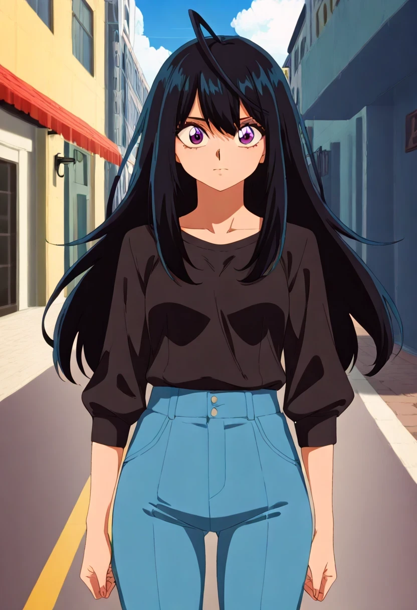 (1girl:1.5),
masterpiece,highest quality,Super detailed,32K,High resolution,an extremely delicate and beautiful,Official Art,Perfect Anatomy,
(Contrasting colors,octane rendering,Fully painted,anime coloring,anime screencap,Cel-shaded anime,retro artstyle:1.1),
perfect face,ultradeTailed eyes,beautiful,sexy,supermodel,athletic body,shiny skin,Dramatic light,(scale to fit the dimensions:1.2),((slightly narrow eyes:1.3)),
yonagi_kei,purple eyes,black hair,long hair,ahoge,black short-sleeved shirt,blue Chino pants,
Shopping Street,