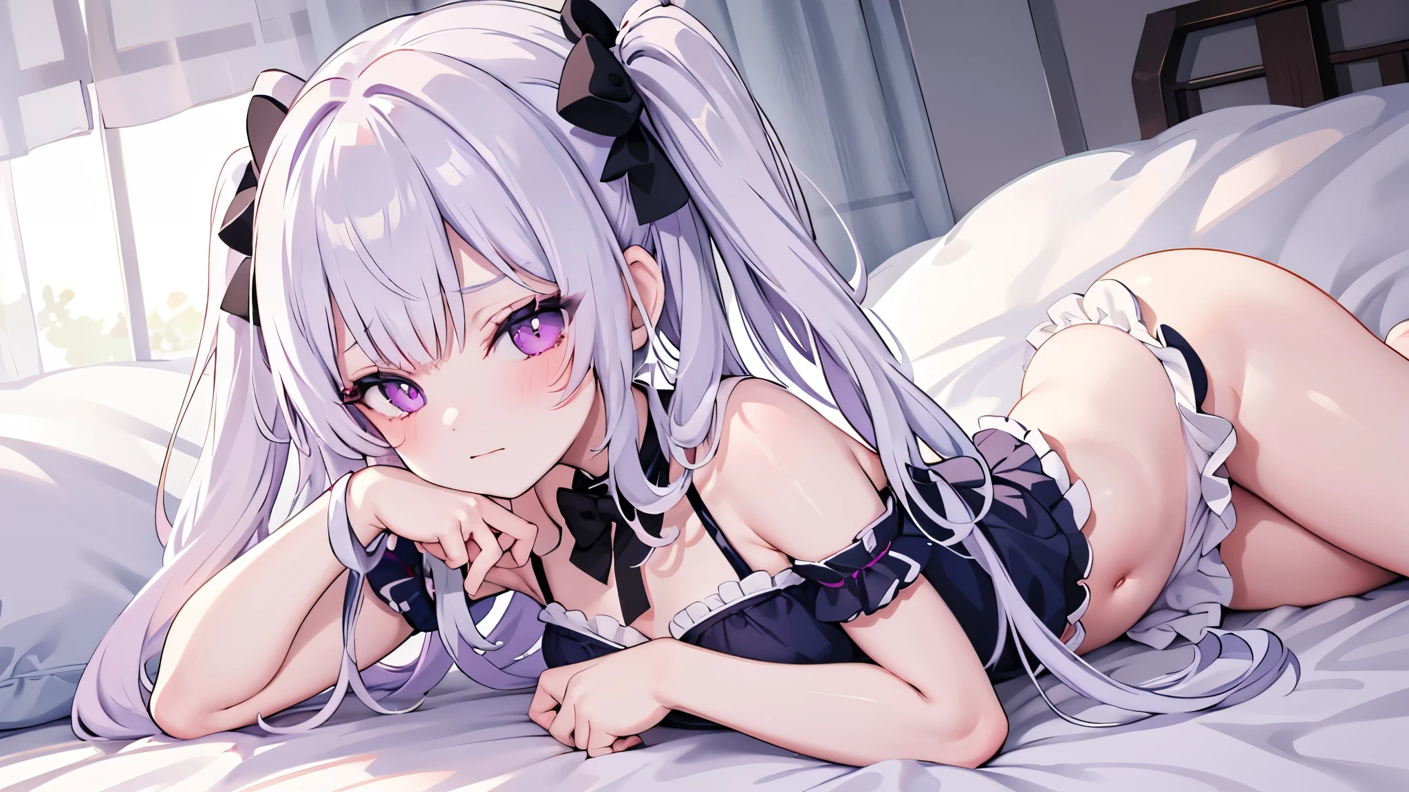 1 girl on break day,Solo,and see through perspective、white lace underwear、interior,on bed、lying down、white hair, Terribly Long Hair 、twin tail with bow、PURPLE EYES、thighs、beautiful feet、high resolution, masterpiece, best quality, textured skin, ashamed expression、detailed narration、blushes、 Seductive Body