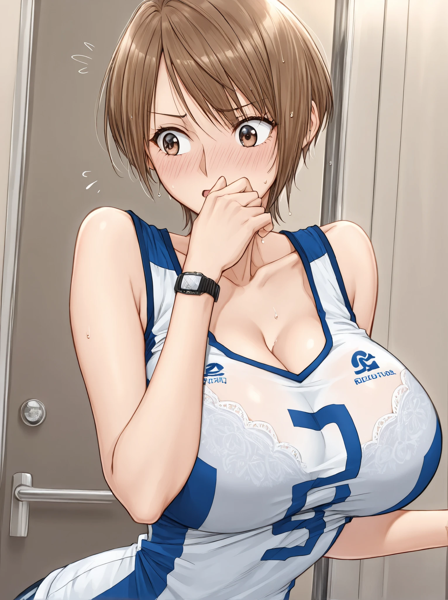 masterpiece, 最High Quality,High Quality, highest score , unmodified,just like a doujinshi style Shotai illustration、, short hair, Amorous face, , , 1 girl on break day, , brown hair, Big Breasts, sleeveless volleyball uniform、brown eyes in the bedroom, superior, chest,、 harassment、Blush、 surprise、tsundere、rapes、shower room、 watch through 、、LACE BRA、group、 Meet the Dead 、Getting Dressed and Taking Off、
