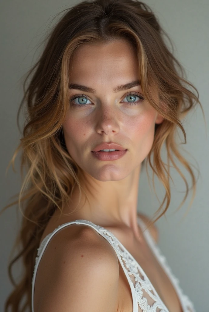 Woman, caucasian blue eyes, no bra