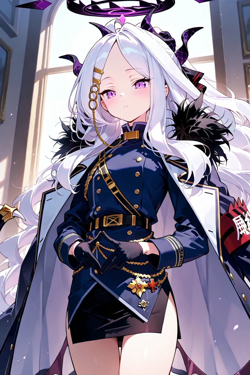 masterpiece, (highres:1.2), (ultra-detailed:1.3), (oil painting:0.8), (extremely detailed CG unity 8k wallpaper:1.1), (best shadow),
full body, solo, 1girl, looking at viewer, light particles,
cowboy shot, standing,
solo,
armband, bangs, black footwear, black gloves, black thighhighs, blue archive, blush, boots, chair, closed mouth, coat, cross-laced footwear, demon horns, fur trim, gloves, hair ornament, hairclip, halo, hand on another's head, highres, hina (blue archive), horns, jacket, long hair, long sleeves, looking at viewer, multiple horns, purple eyes,
smile,