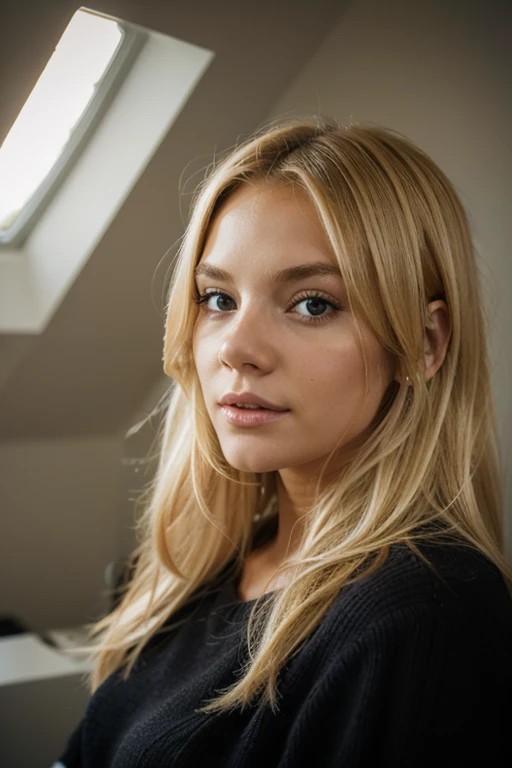 a blonde woman, wearing black outfit, brown eyes, beautiful eyes, medium blonde hairs, posing infront of curtains , realistic skin texture, realistic photography