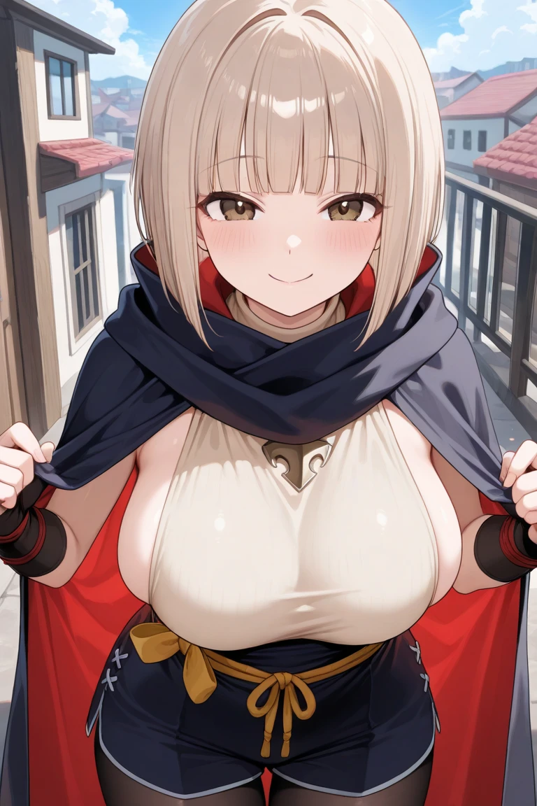 (score_9, score_8_up:1.1), 1 girl, fair skin, blonde hair, french braid, long hair, bangs, bags under eyes, smiling, black eyes, glasses, black military uniform, cleavage, belt, skirt, capelet, red ascot, huge breasts, cleavage, saggy breasts, skindentation, exposing breasts, showing breasts, breasts out, nipples, cowboy shot, skinny, desert, blue sky, backlighting, looking at viewer