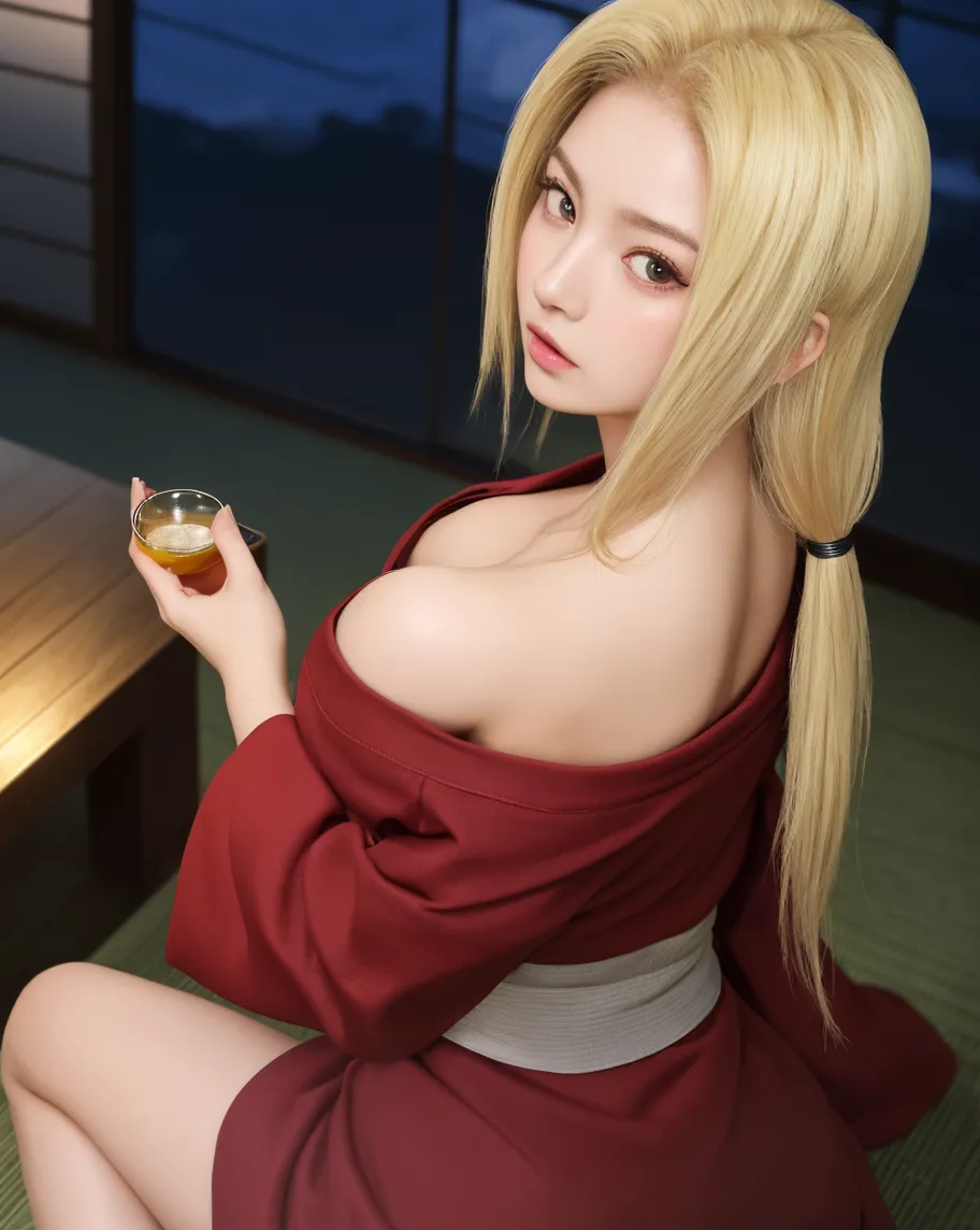 (bestquality,masterpiece), TsunadeNS, solo, japanese_clothes, breasts, large_breasts, kimono, cleavage, smile, lips, bare_shoulders, indoors, alcohol, bottle, sake_bottle, cup, holding, off_shoulder, <lora:TsunadeNSS:0.7>