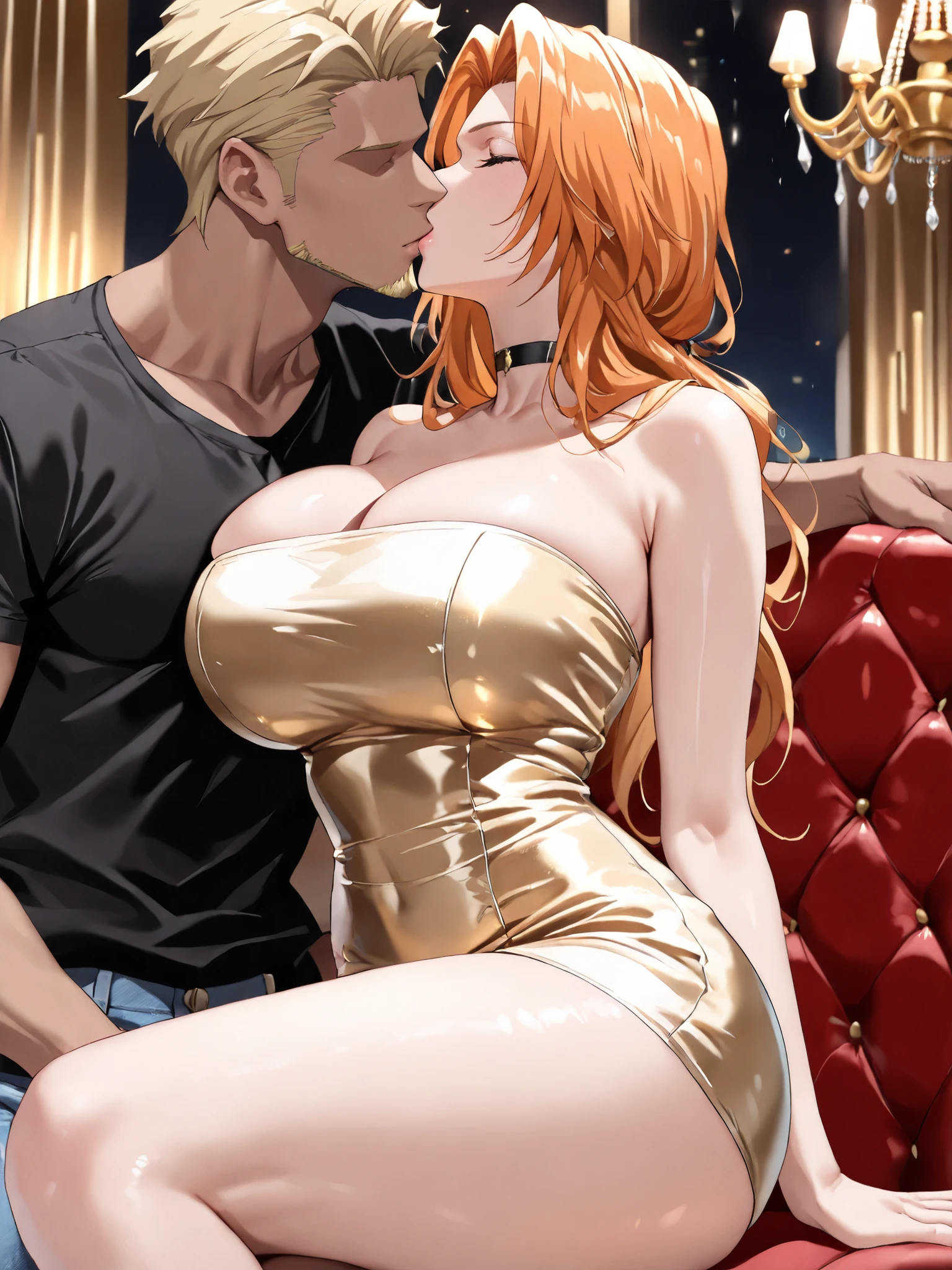(masterpiece,best quality:1.4),16k,detailed skin,detailed face,detailed eyes,beautiful face,ideal ratio body proportions,BREAK,1woman,rangiku matsumoto,long hair,close eyes,orange hair,parted bangs,(tall,slender,huge breasts,huge ass),BREAK,(ruanyi1025,black choker,tube dress,short dress,gold dress,strapless),BREAK,night club,sofa,chandelier,BREAK,serious,sitting,BREAK,nsfw,(hetero,1woman and 1man),(gyaruo,dark-skin,dark-skinned male,faceless male,faceless,netorare,blonde hair,no eyes,short hair,facial hair,1boy),(black t-shirt,denim),man arm on woman's shoulder,kiss,BREAK,(front view,front shot)