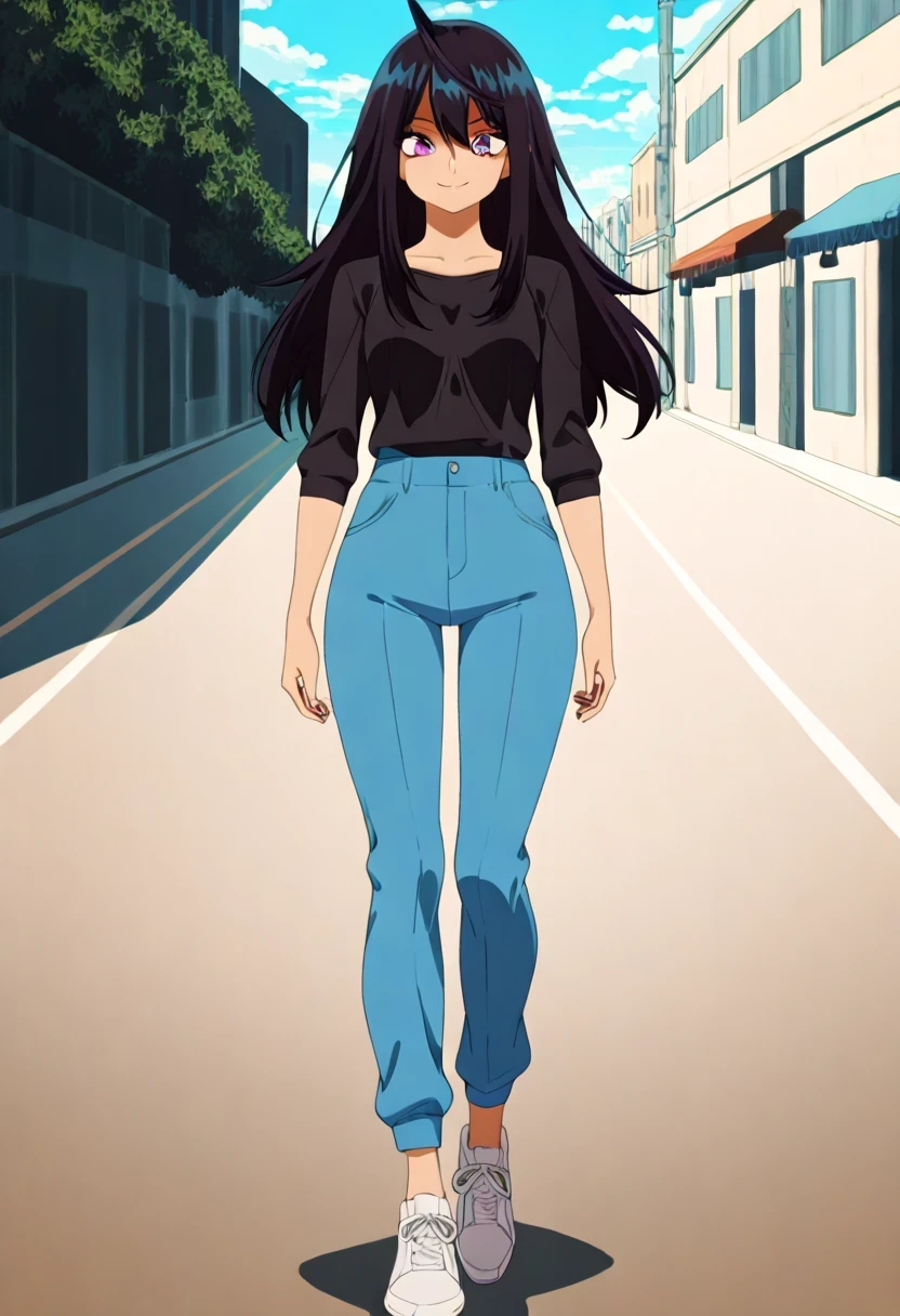 (1girl:1.5),
masterpiece,highest quality,Super detailed,32K,High resolution,an extremely delicate and beautiful,Official Art,Perfect Anatomy,
(Contrasting colors,octane rendering,Fully painted,anime coloring,anime screencap,Cel-shaded anime,retro artstyle:1.1),
perfect face,ultradeTailed eyes,beautiful,sexy,supermodel,athletic body,shiny skin,Dramatic light,(scale to fit the dimensions:1.2),((slightly narrow eyes:1.3)),
yonagi_kei,purple eyes,black hair,long hair,ahoge,black short-sleeved shirt,blue Chino pants,smile,full body,
Shopping Street,
