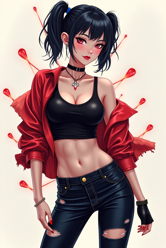 black leather bra, wear a red short cardigan, black long pants, bare belly, midriff, one hand on the waist, pretty girl, short dark brown hair, blue eyes, sexy girl, Flower tattoo below navel