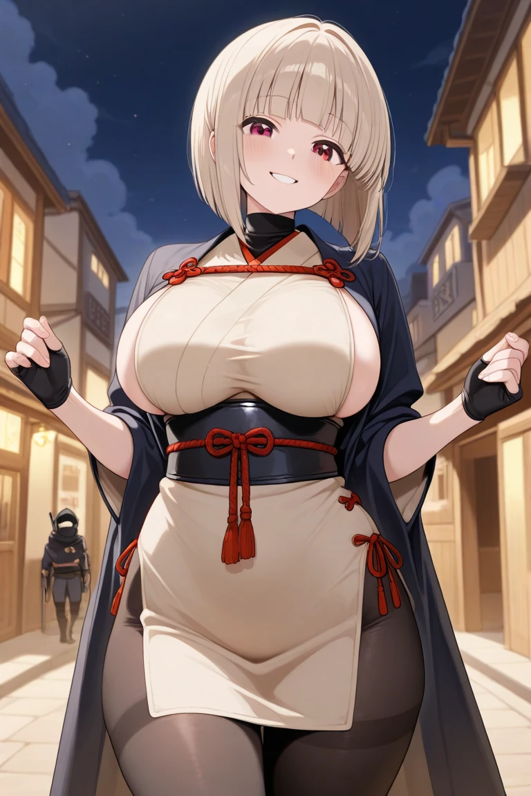 Beautifully,masterpiece, Beautiful and detailed, Meticulous attention to detail, Intricate details, (Practical:1.2),  (medium view:1.2)，Upper Body，(cygames)，middle Ages，A woman，extremely detailed short hair，yellow hair，beautiful face，(black loose robe with hood:1.2)，only bare neck，big breast，Snow mountain background，In a small town covered in snow，Depth of Field