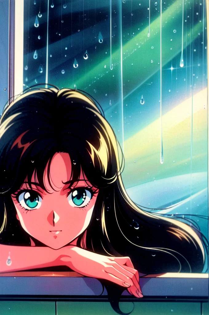 1990s (style), 1980s (style), retro artstyle, girl, long black hair, green eyes, wavy hair with a graceful expression, is looking out the window, it's raining, Raindrops, best quality, masterpiece.