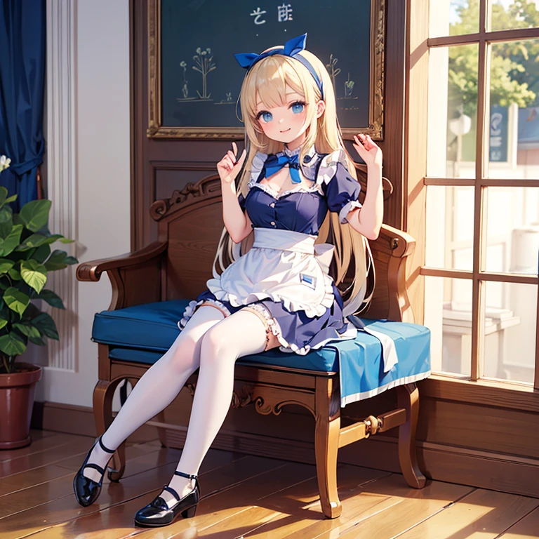 anime style, small girl, blonde, hair drills, light blue eyes, rich girl, cute violet and turquoise dress, white socks with lace, black shoes, sitting in a cozy sitting in an elegant and expensive chair, the girl looks adorable, elegant room, mansion, indooors, ???, small, 8 years old, thick thighs, cute pose, sexy