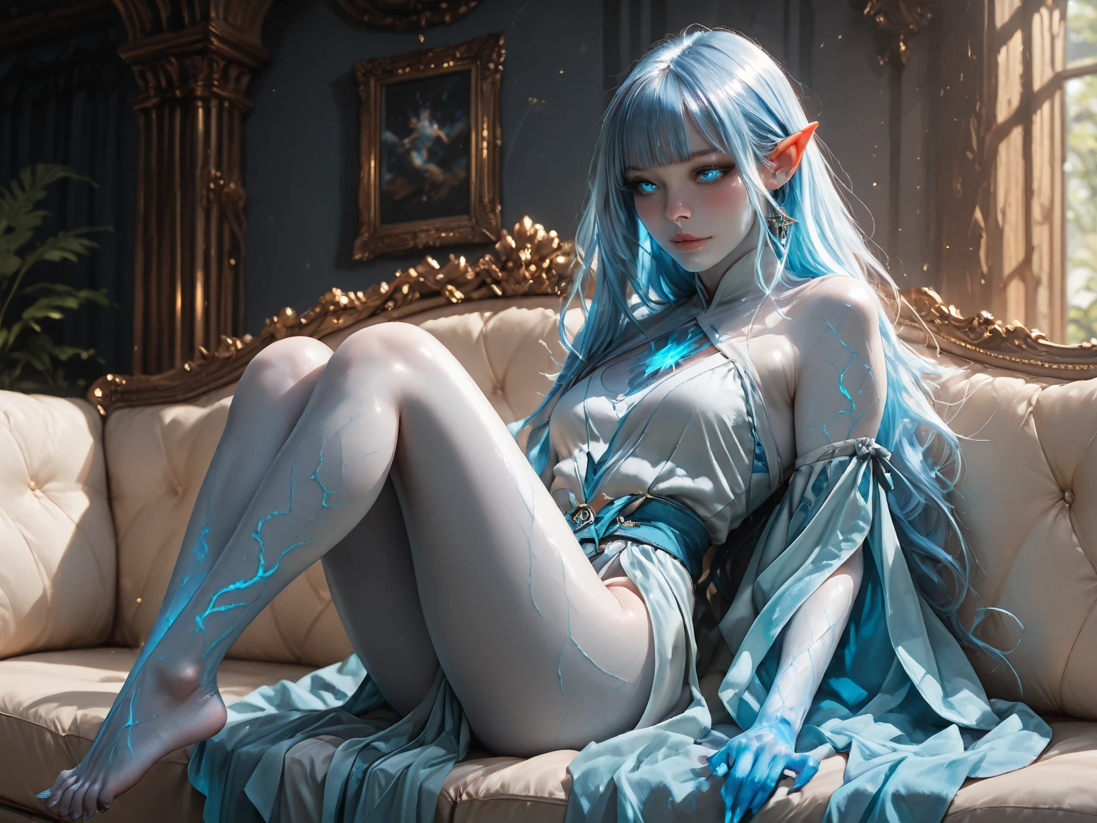 ((best quality)), ((masterpiece)), (very detailed), 4k, perfect face,  legs spread open wide, visible panties, tiny breasts, very very long blue braid draped over shoulder, facing viewer, dressed in royal gown, sitting on tall throne, looking at viewer, seductive eyes, sexy, beautiful, dark outside, nighttime, temptation, green skin, pointy ears, ornate blue bikini top, horny, inside of stone throne room lit by candles