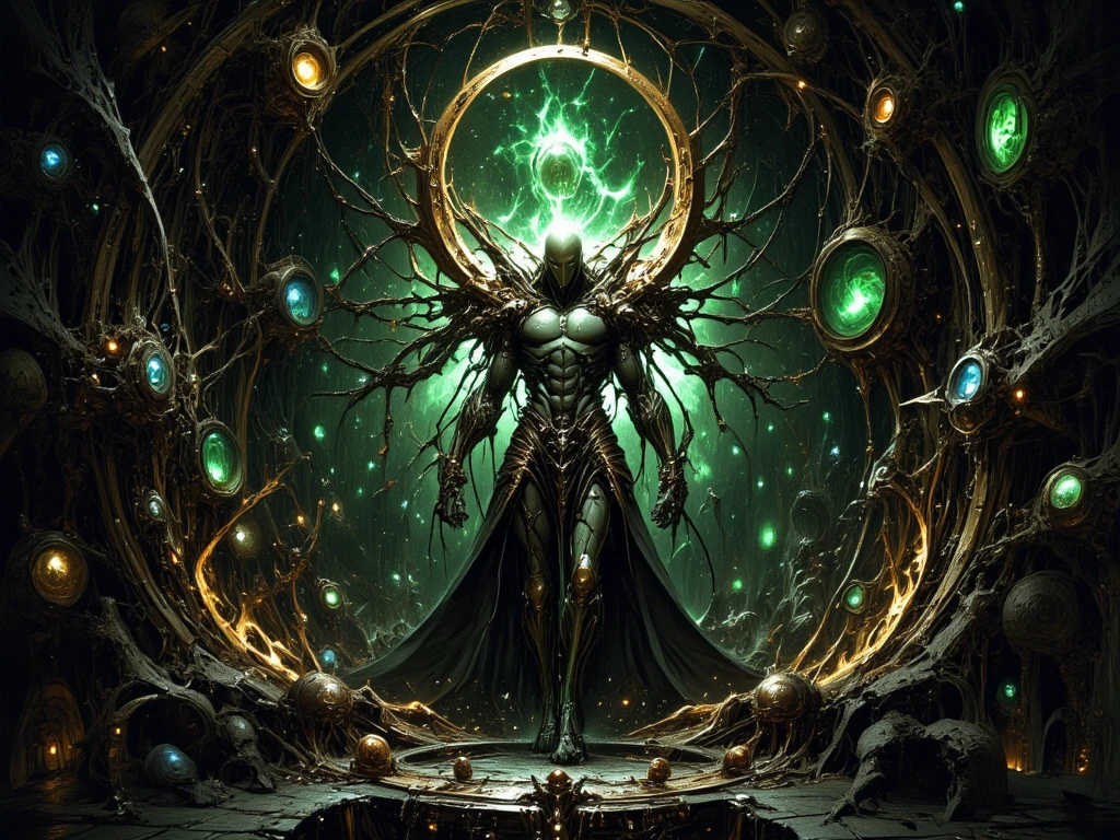  Top-down view of a vast, sacred cavern-like structure. In the center lies Adam, a monumental human figure, partially integrated into ancient biomechanical systems. His head is connected to life-support machines via cables and tubes, beams of light streaming from his eyes and mouth. His lower body is partially missing, with one leg gone and internal organs suspended and sustained by transparent cybernetic devices. Around him, twelve massive rooms or chambers radiate outward like gears in a celestial clock, each with unique, mystical and high-tech architectural styles. The atmosphere is ethereal, post-apocalyptic and spiritual, illuminated by a faint natural light from the ceiling and pulsing energies from the shadows. A surreal, stained-glass-like composition in dark emerald, bronze and golden tones, reminiscent of ancient temples and futuristic laboratories."