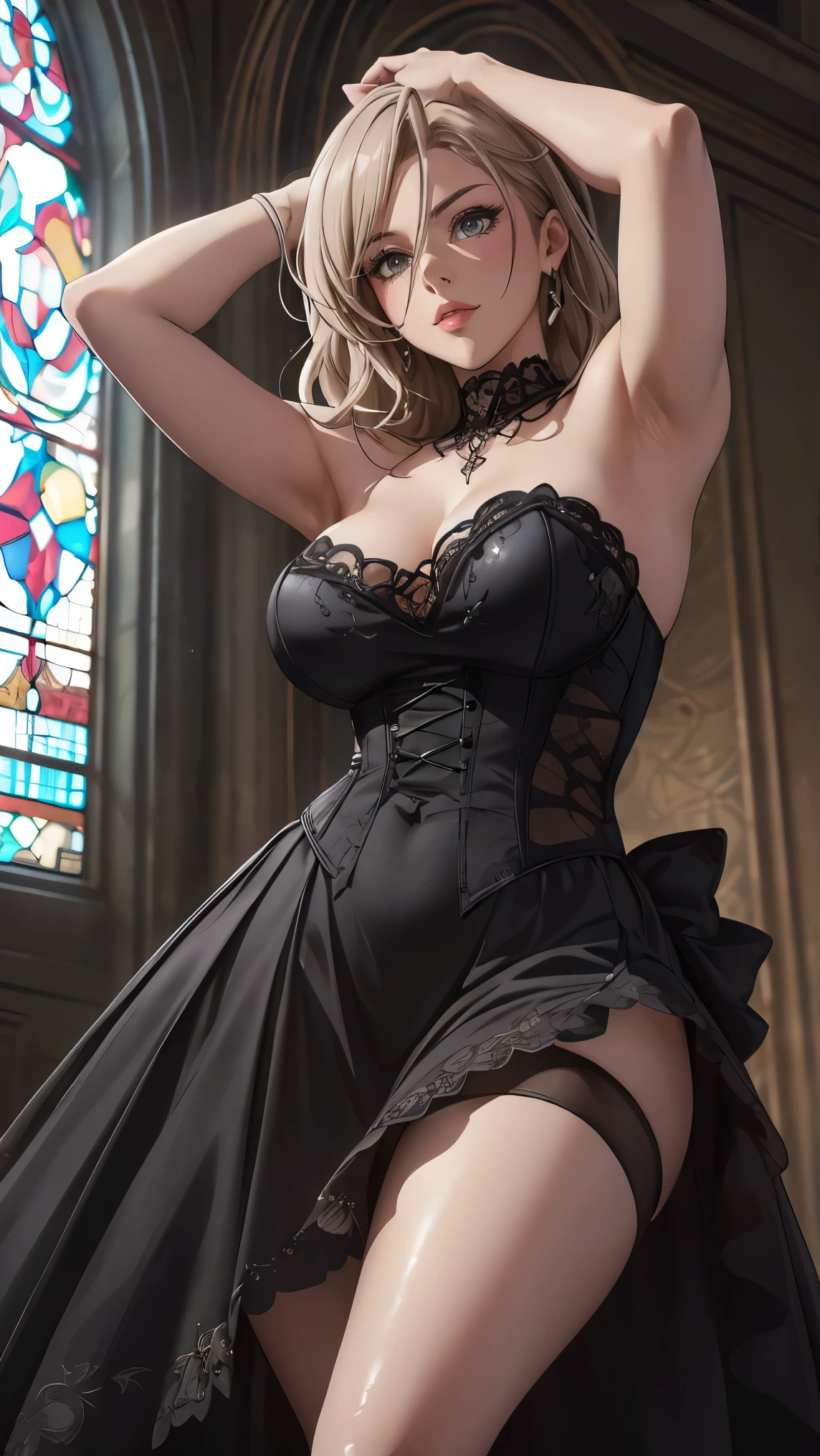 (Uhigh resolution, retina, masterpiece, accurate, 解剖学的にaccurate, textured skin, very detailed, attention to detail, High Quality, 最High Quality, high resolution, 1080P, high resolution, 4K, 8k, 16k), (Beautiful Details, Beautiful Lip Details, very detailedな目と顔), studio lighting, physical based rendering, bright colors, (Gothic Dress), ( portraits, wide shiny hair, shiny skin), [stained glass window, Bokeh], (Tilting Your Head:1.5), Eye Reflexes, (:1.5), (gothic art, pale skin), monochrome,