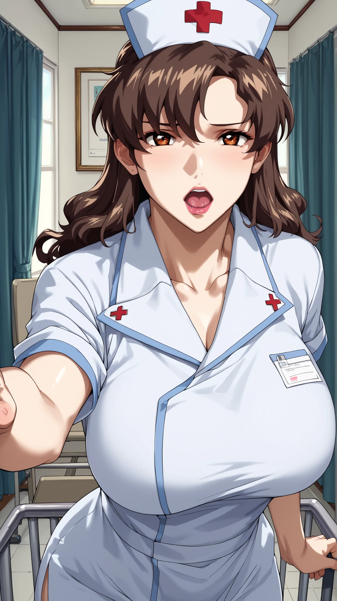 Score_9, Score_8_up, Score_7_up, Score_6_up, Score_5_up, Score_4_up, Source_anime, Tag1, Tag2, Quality_masterpiece, Anatomically correct, Beautiful face, Perfect face, Highly detailed beautiful face and eyes, Attractive face, Detailed face, Delicate facial features, Detailed skin, Huge breasts, Wide hips, Gargantuan butt, Thick thighs, Sensual woman, Mature female, Milf, Motherly, Seductive, Murrue_Ramius's/Borutl Long hair, brown hair, Hair between eyes, Flipped hair, Brown eyes, Fair-skinned female, Frown, Ahegao Expression, Open mouth BREAK POV, Pointing, Outstretched arm, Nurse, Hospital
