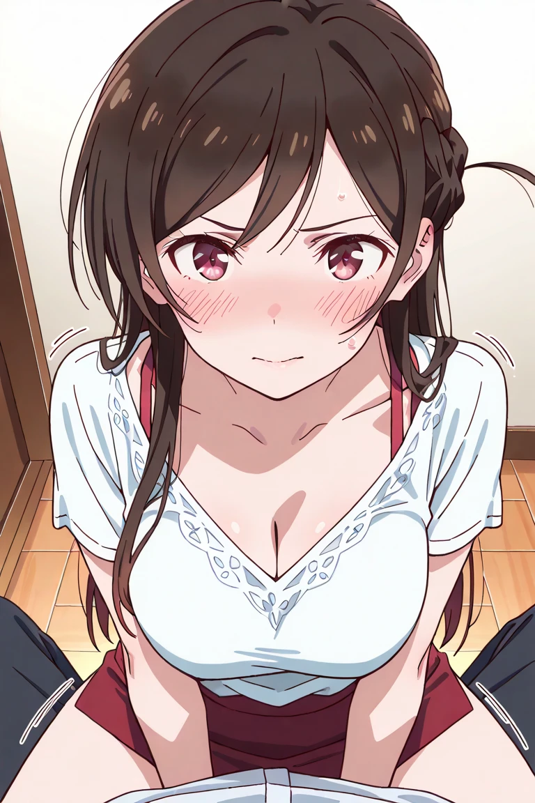 absurderes:2.0、 Unity 8K Wallpaper, Masterpiece, ,detailed hair, highly detailed, (, loose t-shirt、Married woman、In underwear), (kitchen), , (embarrassed、blush:1.3)、arms behind head